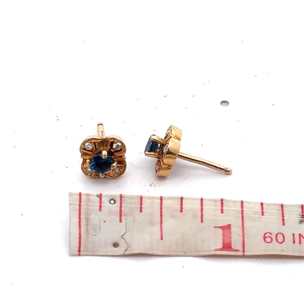 Designer 18K Yellow Gold Sapphire Diamond Accent Flower Clover Stud Earrings
